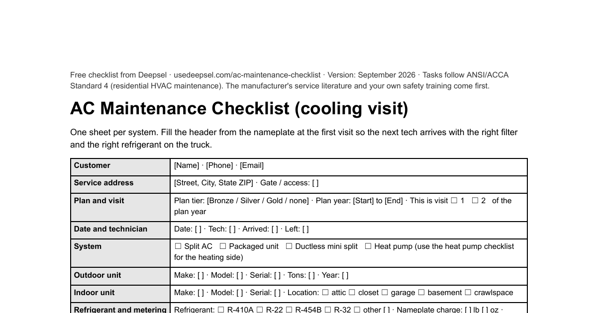 First page of the free AC maintenance checklist: header block with customer, plan and visit number, outdoor and indoor unit nameplate fields, refrigerant type and metering device, filter sizes and thermostat