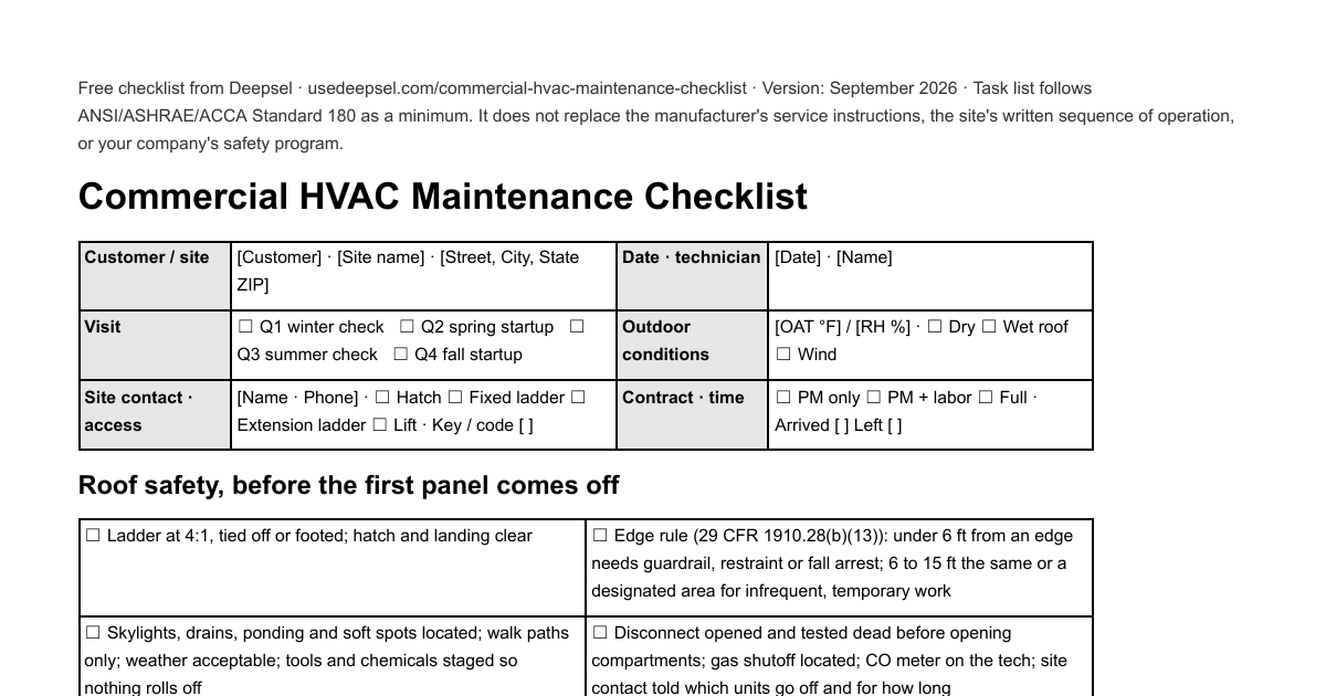 First page of the free commercial HVAC maintenance checklist: site header with visit type and roof access, the roof safety block, and the start of the one-row-per-unit roof sheet