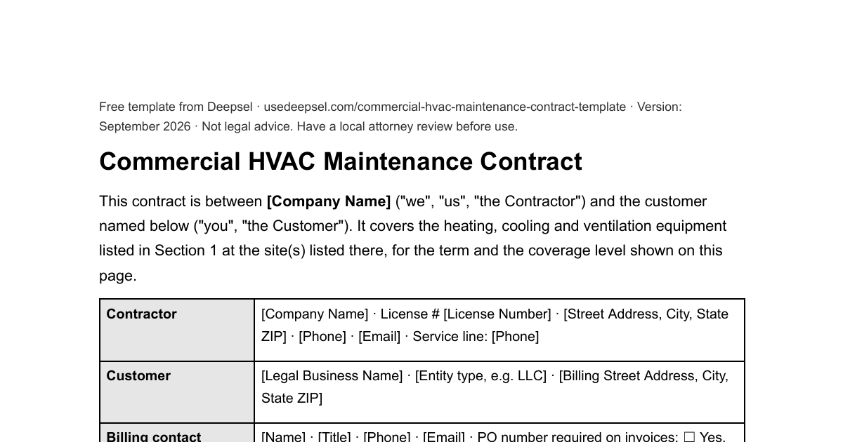 First page of the free commercial HVAC maintenance contract template: contractor and customer block with billing and site contacts, coverage level, visit cadence, term, annual fee and net-30 payment terms