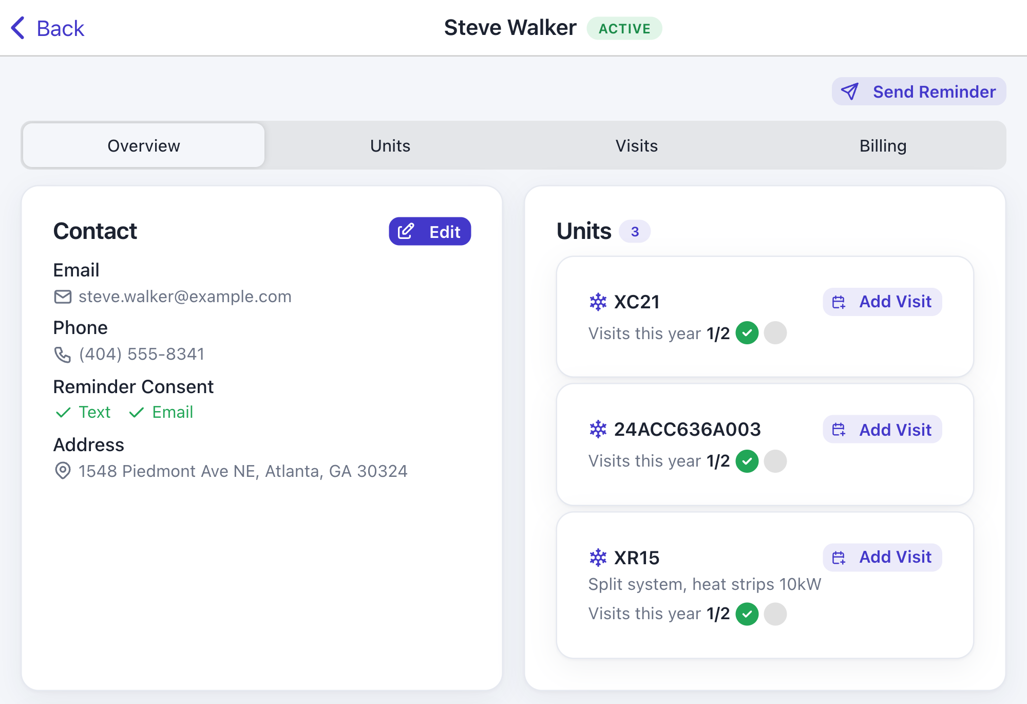 Deepsel customer detail view with contact info, equipment units, and visit tracking