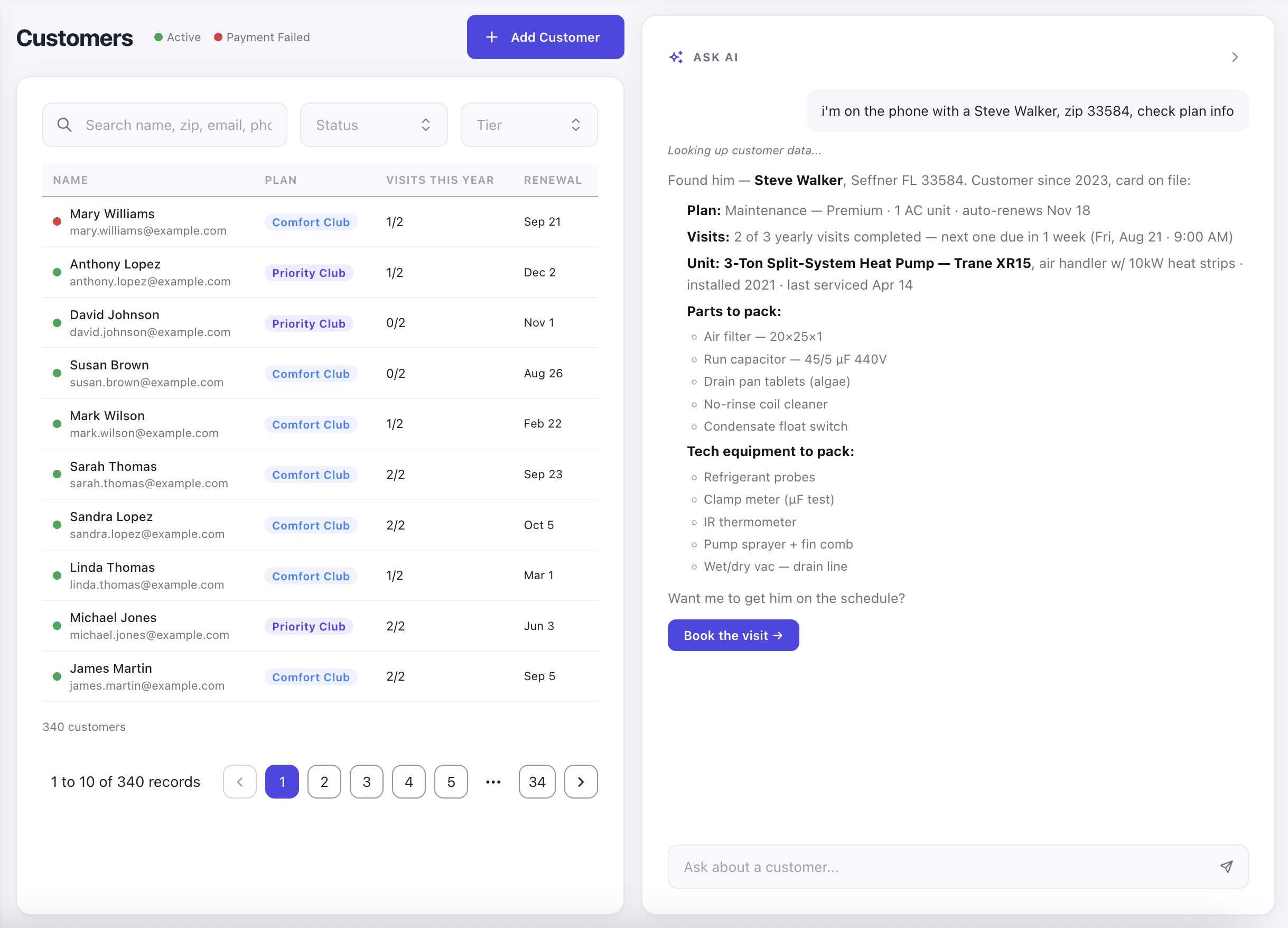 Deepsel member ledger showing customer list and AI assistant
