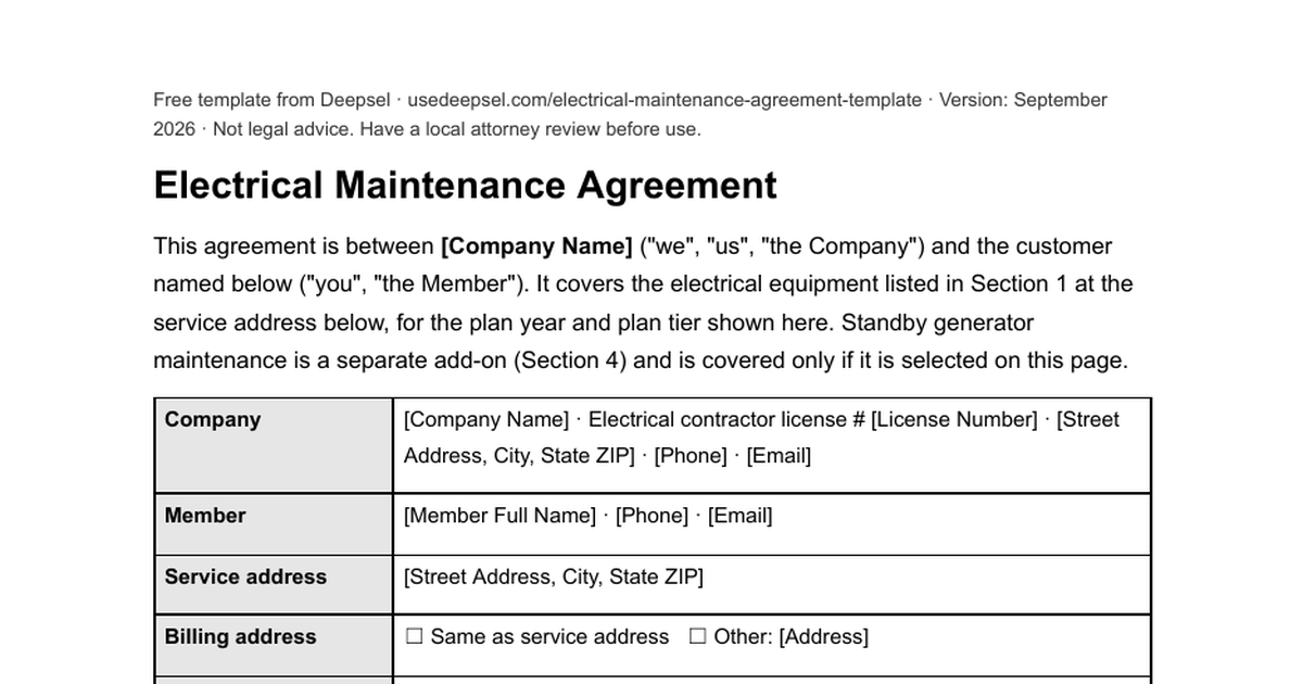 First page of the free electrical maintenance agreement template: parties table with plan tier, generator add-on, plan year, price and billing choice