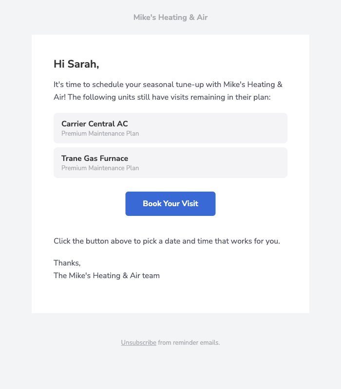 Automated email reminder showing seasonal tune-up booking link