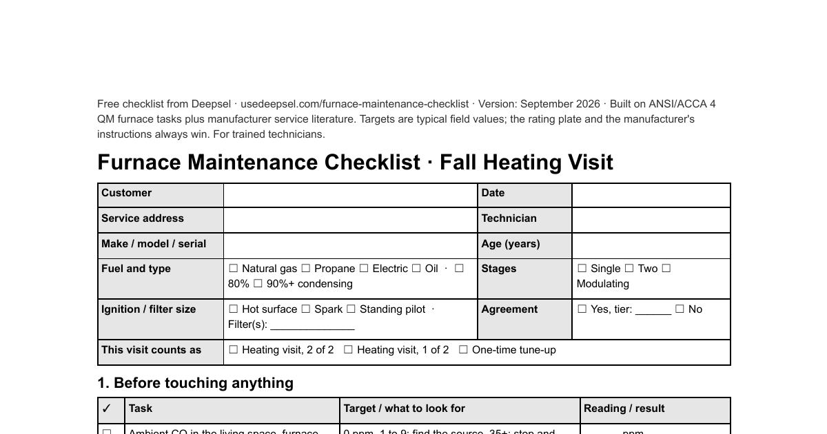 First page of the free furnace maintenance checklist: customer and unit header block with fuel type, efficiency, ignition type and filter size, then the safety section with the ambient CO reading