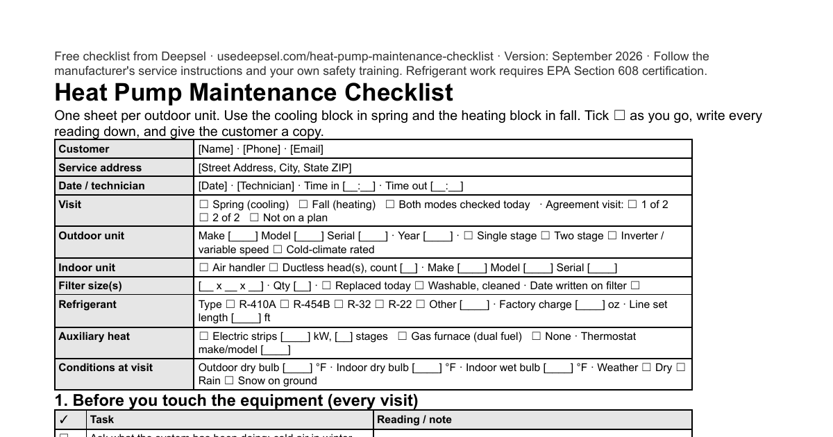 First page of the free heat pump maintenance checklist: header block with customer, outdoor and indoor unit model and serial, filter sizes, refrigerant type and auxiliary heat kW, then the every-visit tasks