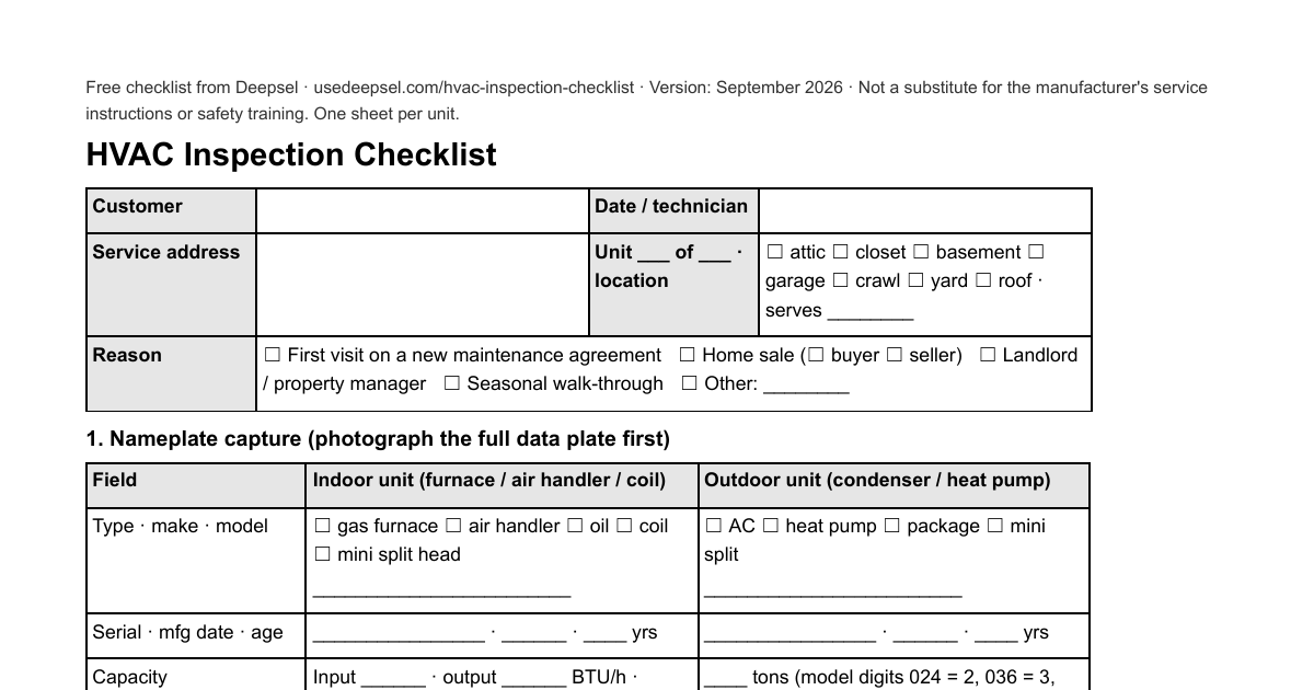 First page of the free HVAC inspection checklist: customer and reason-for-inspection block, then the nameplate capture table with make, model, serial, age, capacity and refrigerant for the indoor and outdoor units