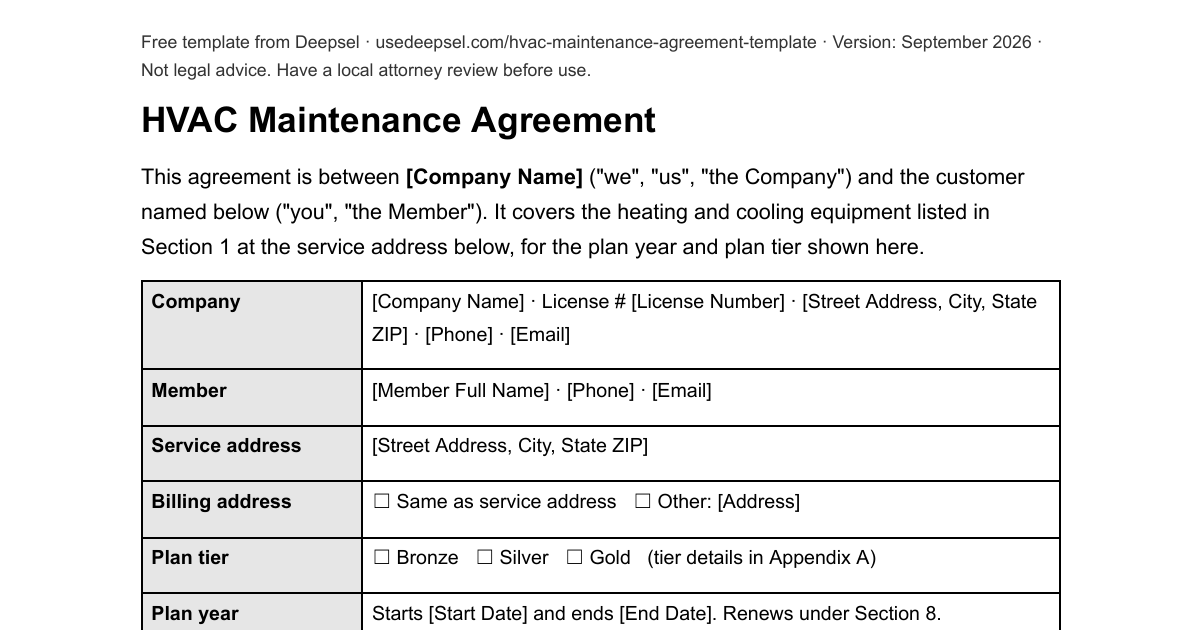 First page of the free HVAC maintenance agreement template: parties table with plan tier, plan year, price and billing choice, and the start of the covered equipment schedule