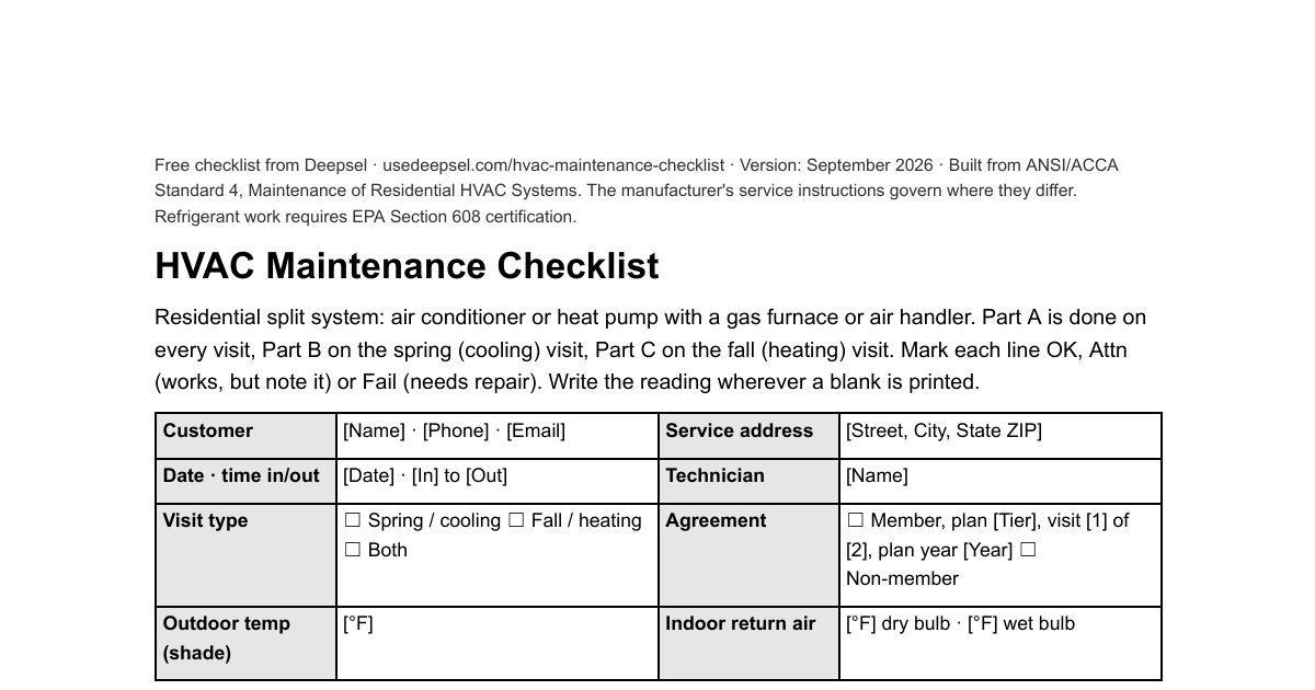 First page of the free HVAC maintenance checklist: header block with agreement fields and unit nameplates, then the every-visit task table with a target beside each reading