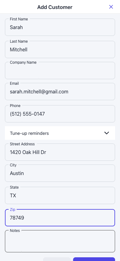 Add Customer modal on a phone: name, email, phone, address filled in