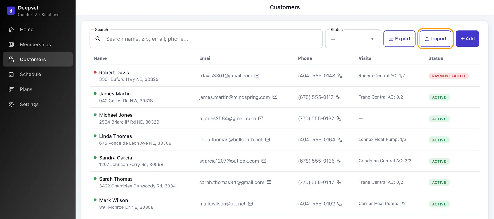 Deepsel Customers page listing the shop's existing customers, with the Import button outlined in the top right