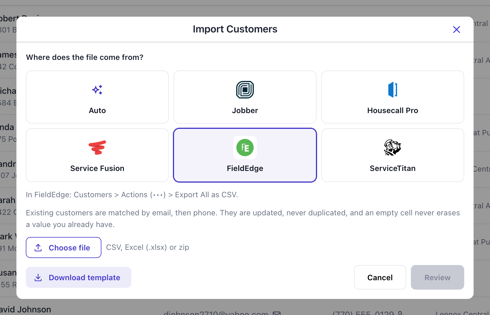 Import Customers window with six source buttons (Auto, Jobber, Housecall Pro, Service Fusion, FieldEdge, ServiceTitan), FieldEdge selected, and the Review button greyed out