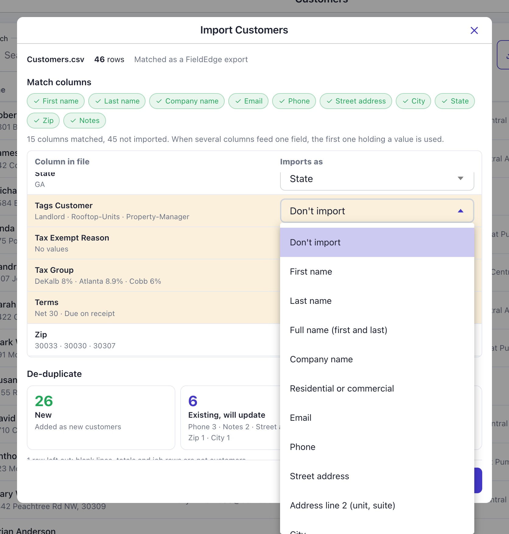 Review screen with the dropdown open on the Tags Customer column, listing Don't import, First name, Last name, Full name, Company name and the other fields