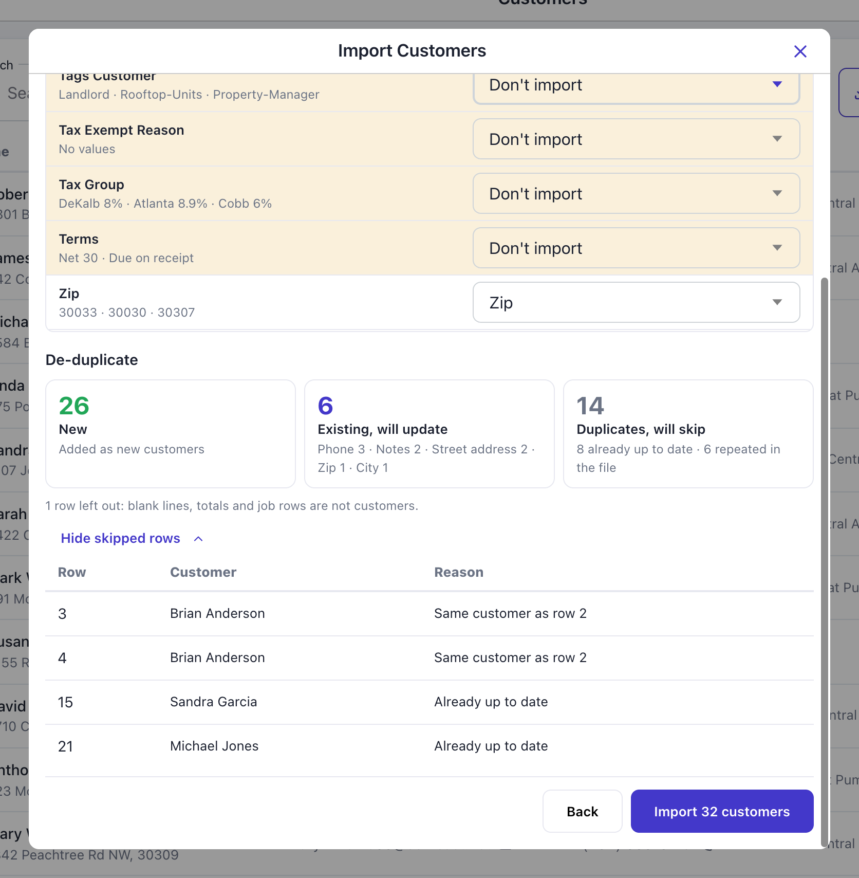 De-duplicate section: 26 new, 6 existing will update (Phone 3, Notes 2, Street address 2, Zip 1, City 1), 14 duplicates will skip, 1 row left out, with the skipped rows listed by row number and reason
