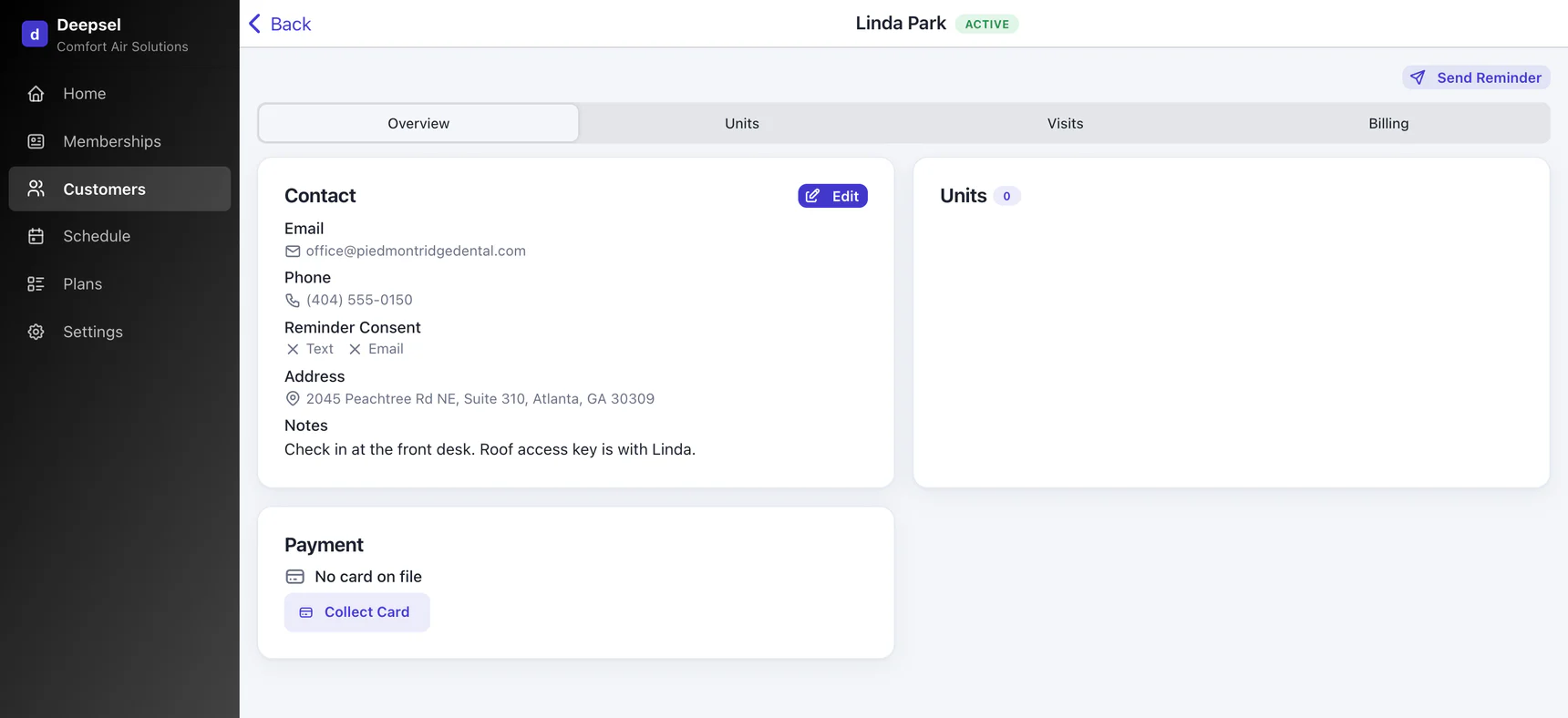 Customer detail for Linda Park: email, phone (404) 555-0150, reminder consent off, address 2045 Peachtree Rd NE, Suite 310, Atlanta, GA 30309, and the note about checking in at the front desk