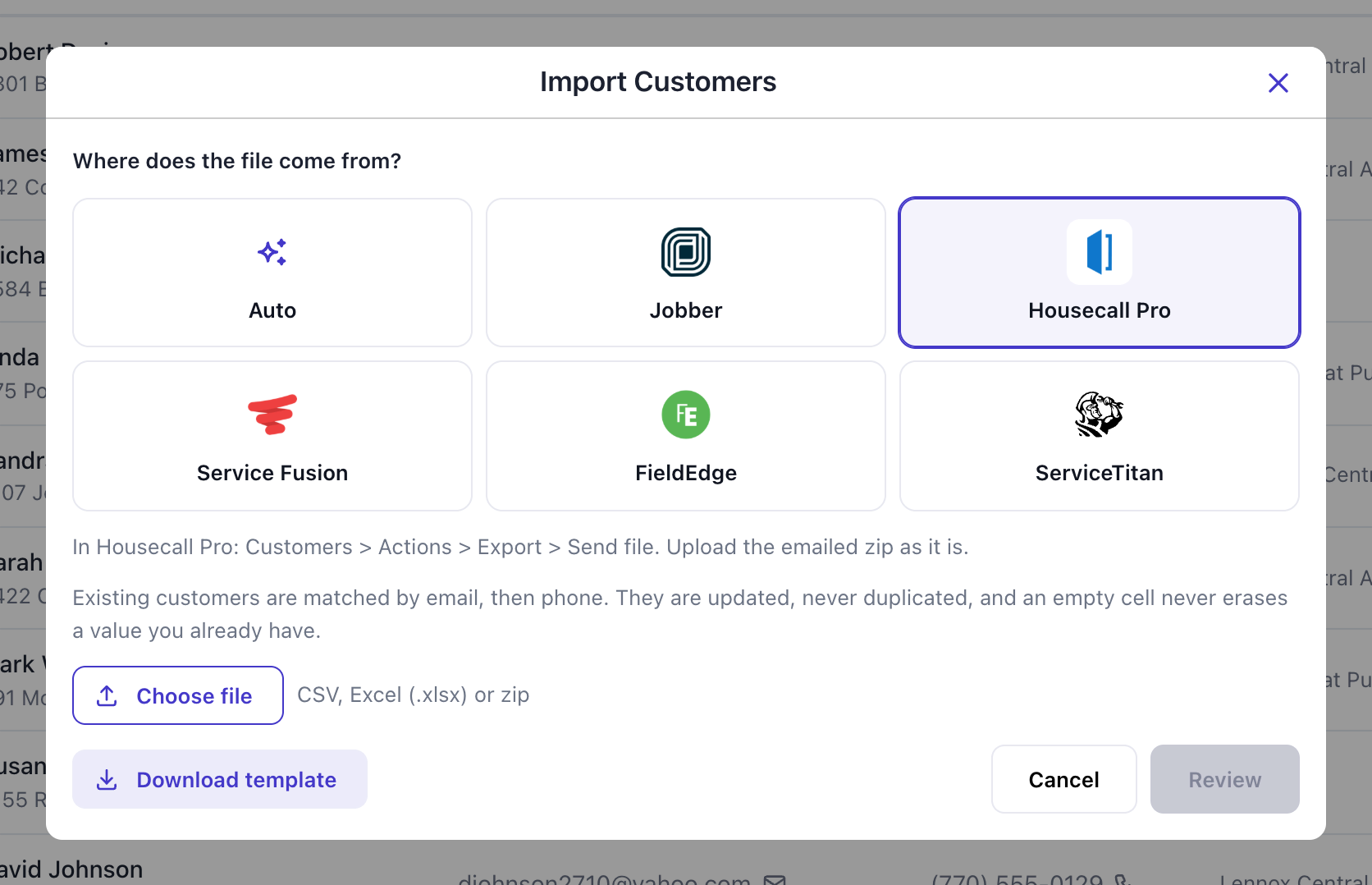 Import Customers window with six source buttons (Auto, Jobber, Housecall Pro, Service Fusion, FieldEdge, ServiceTitan), Housecall Pro selected, and the Review button greyed out