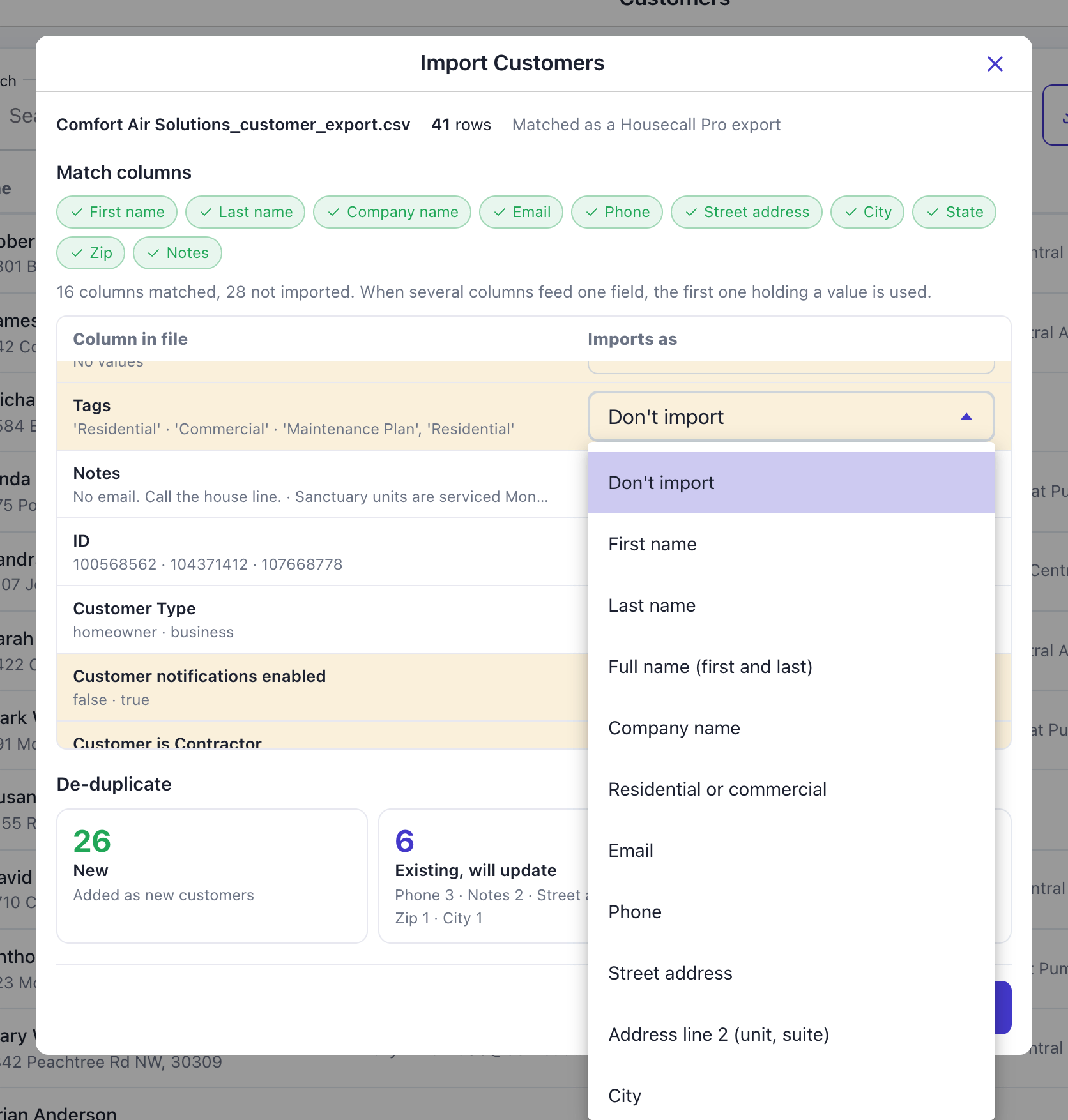 Review screen with the dropdown open on the Tags column, listing Don't import, First name, Last name, Full name, Company name and the other fields