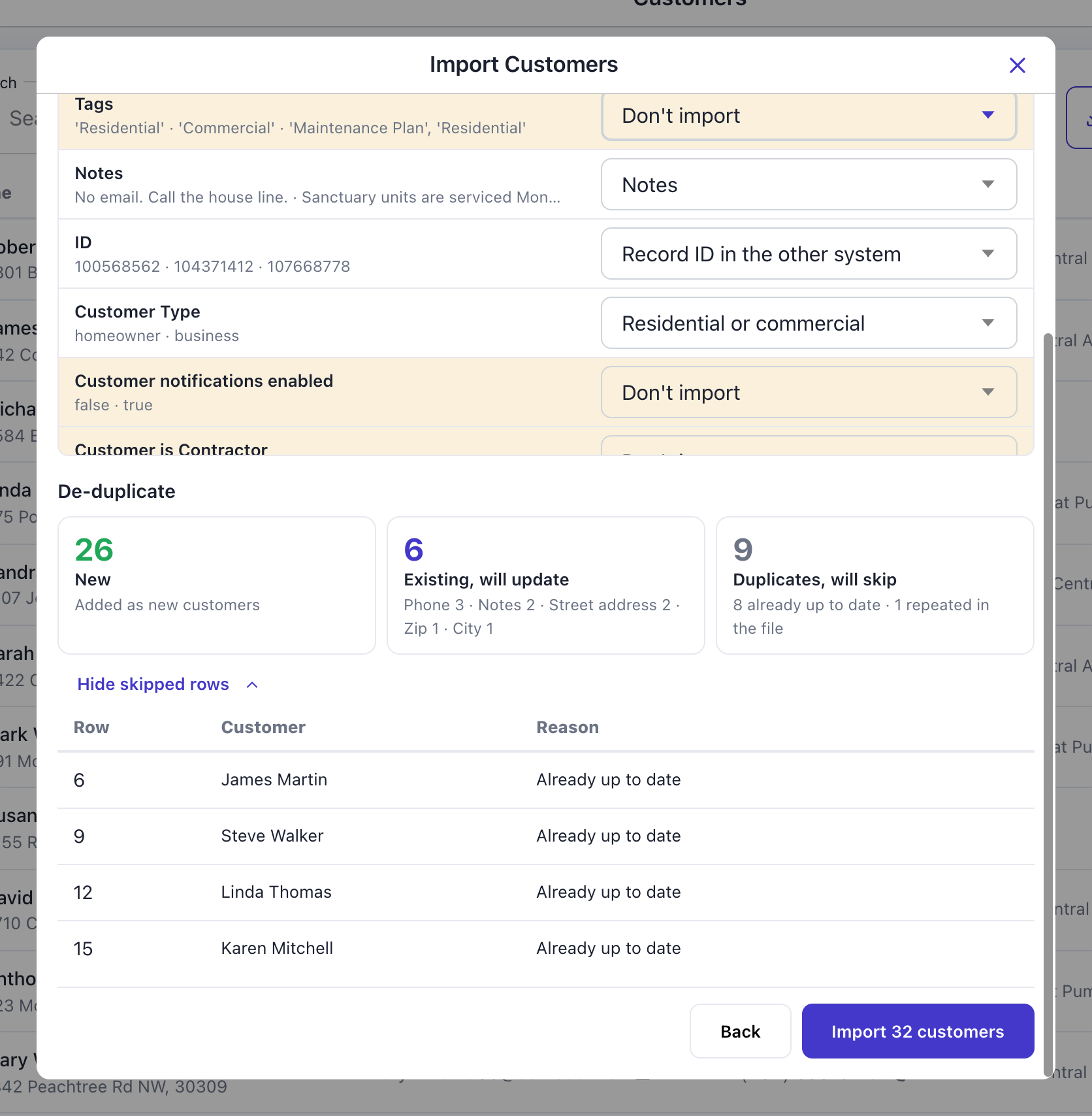 De-duplicate section: 26 new, 6 existing will update (Phone 3, Notes 2, Street address 2, Zip 1, City 1), 9 duplicates will skip, with the skipped rows listed by row number and reason