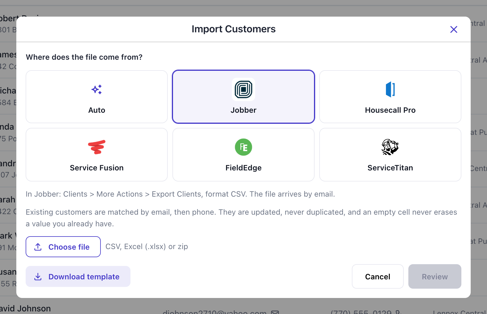 Import Customers window with six source buttons (Auto, Jobber, Housecall Pro, Service Fusion, FieldEdge, ServiceTitan), Jobber selected, and the Review button greyed out