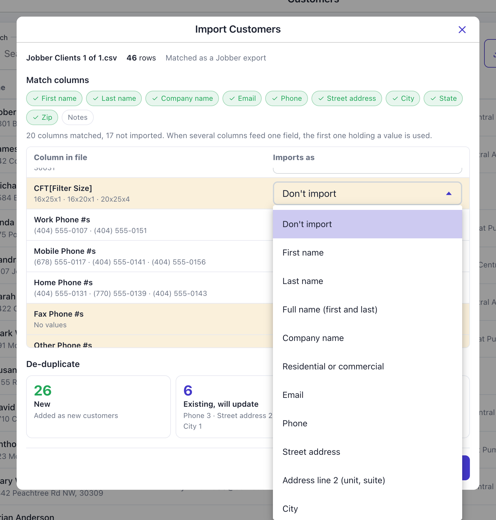 Review screen with the dropdown open on the CFT[Filter Size] column, listing Don't import, First name, Last name, Full name, Company name and the other fields