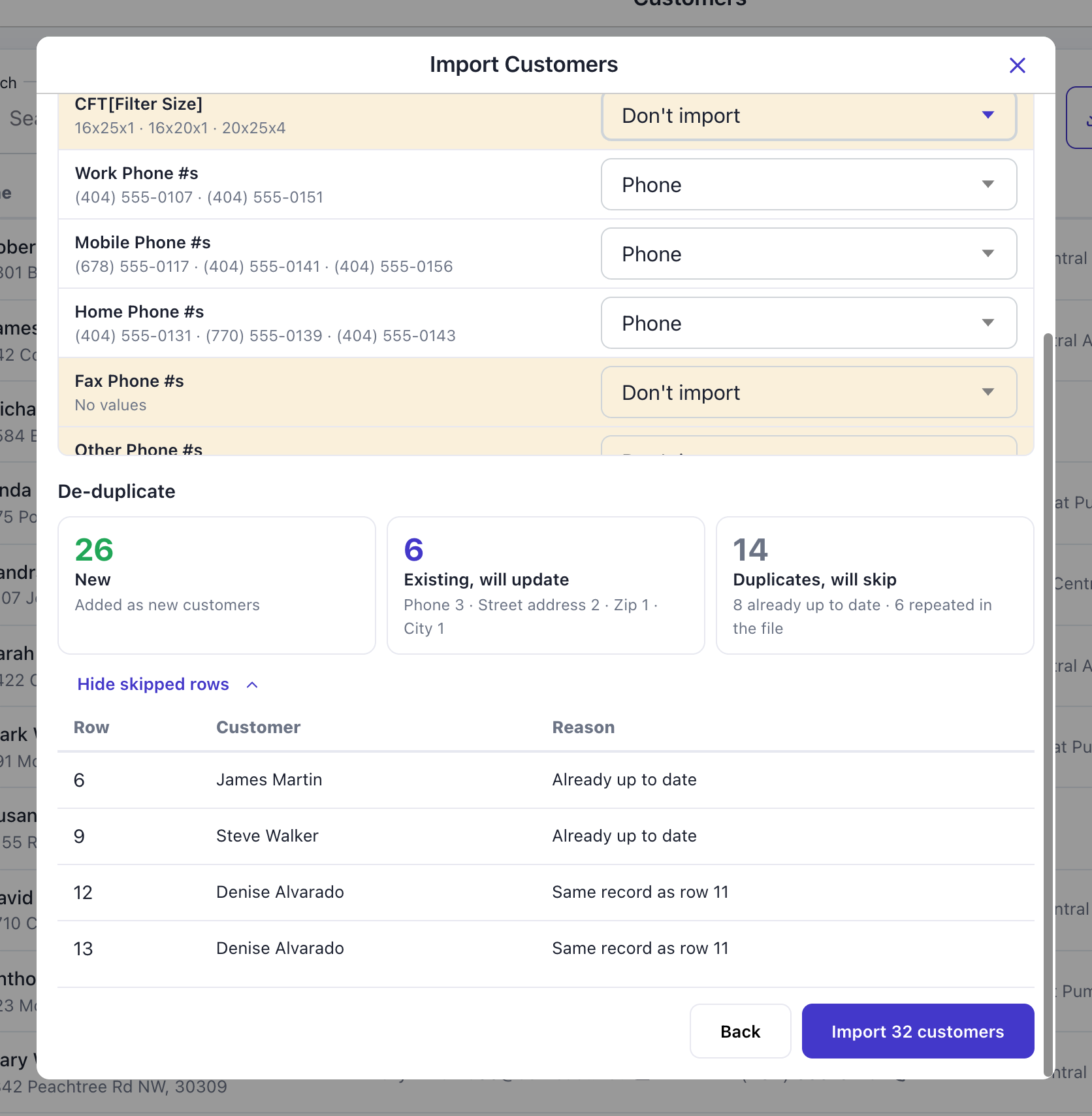De-duplicate section: 26 new, 6 existing will update (Phone 3, Street address 2, Zip 1, City 1), 14 duplicates will skip, with the skipped rows listed by row number and reason