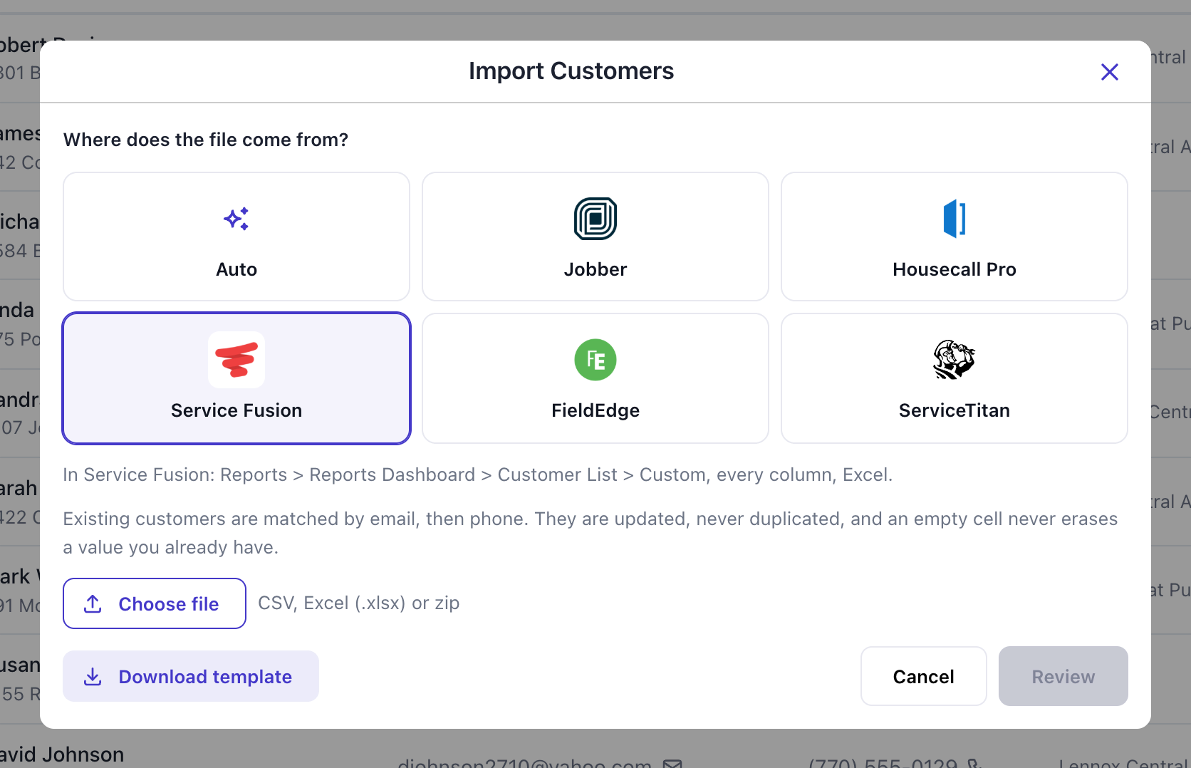 Import Customers window with six source buttons (Auto, Jobber, Housecall Pro, Service Fusion, FieldEdge, ServiceTitan), Service Fusion selected, and the Review button greyed out