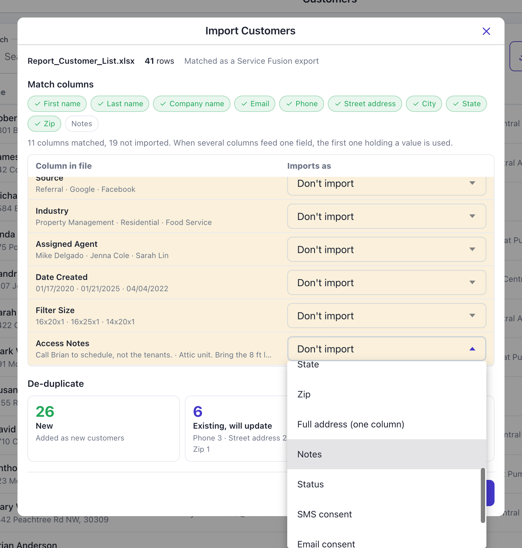 Review screen with the dropdown open on the Access Notes column and the Notes option highlighted