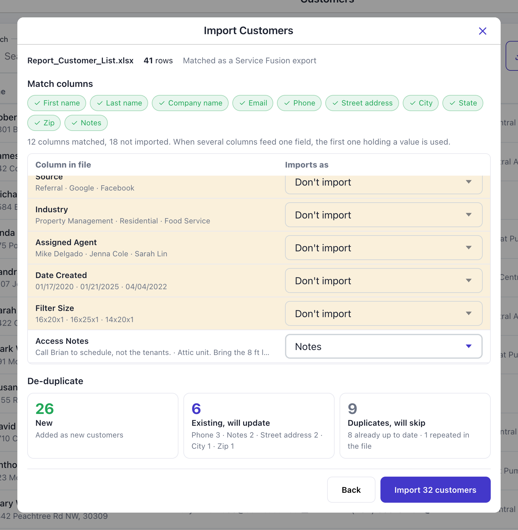 Review screen after the change: Access Notes imports as Notes, all ten field chips are green, 12 columns matched and 18 not imported
