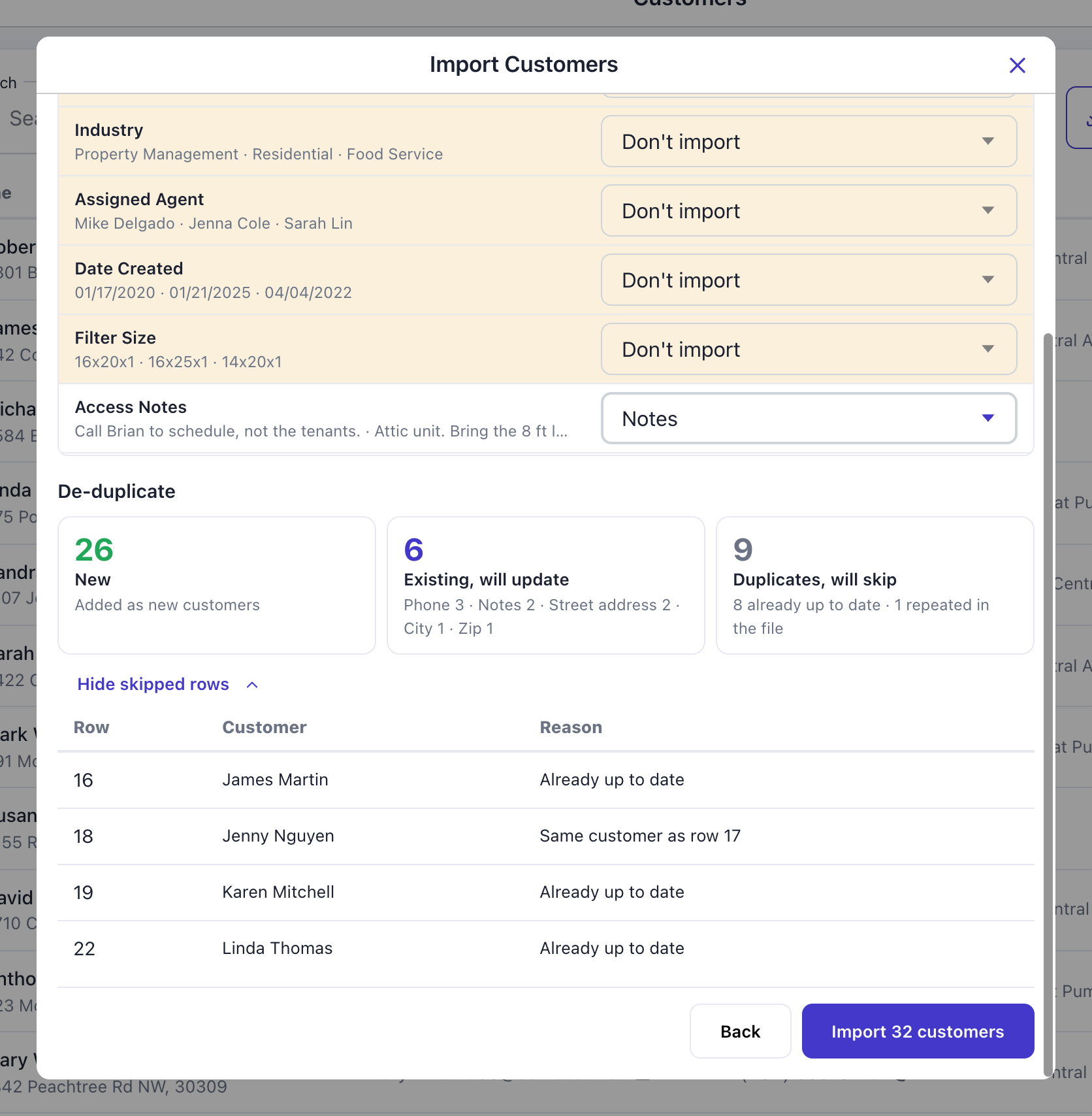 De-duplicate section: 26 new, 6 existing will update (Phone 3, Notes 2, Street address 2, City 1, Zip 1), 9 duplicates will skip, with the skipped rows listed by row number and reason