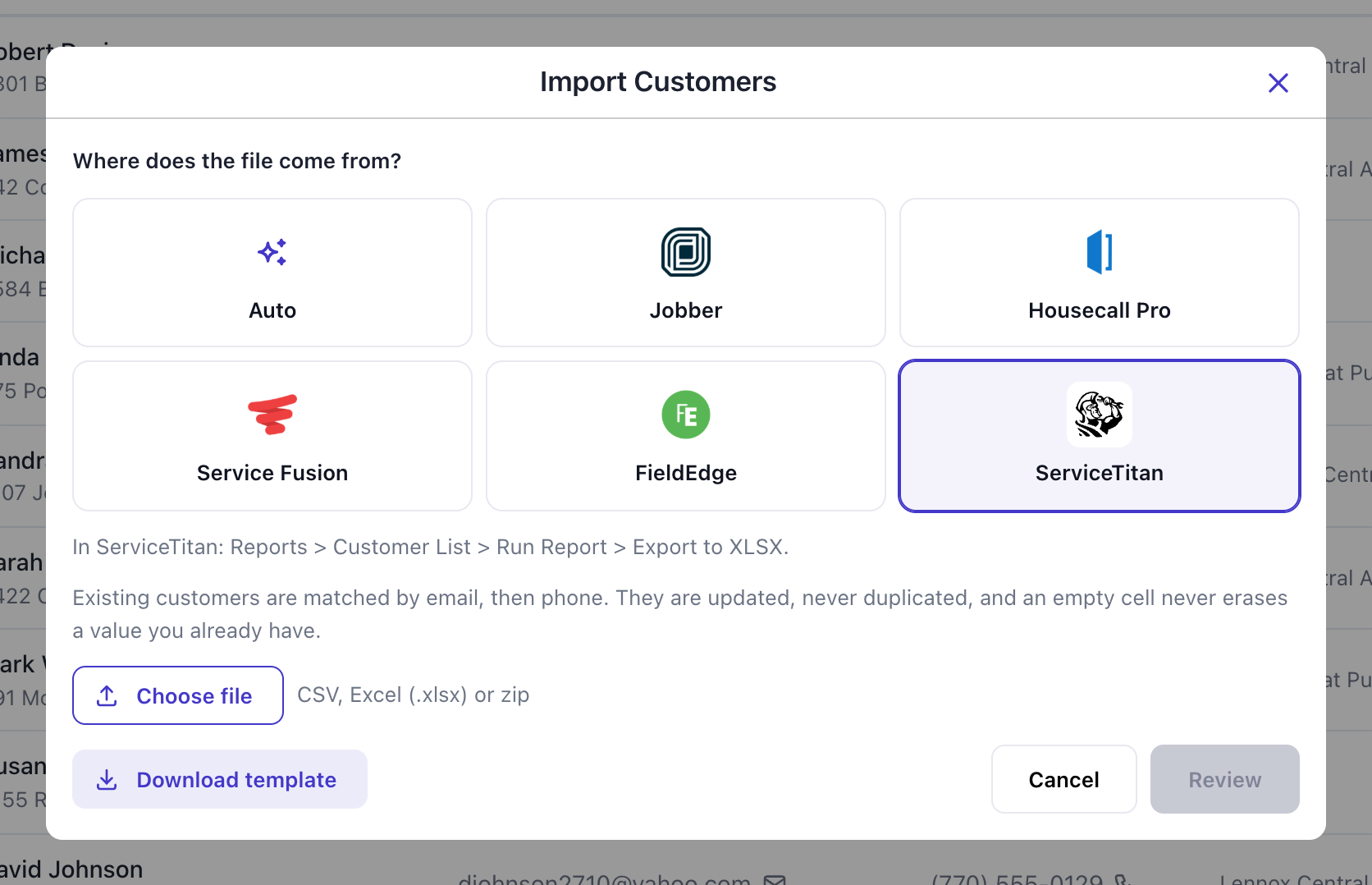 Import Customers window with six source buttons (Auto, Jobber, Housecall Pro, Service Fusion, FieldEdge, ServiceTitan), ServiceTitan selected, and the Review button greyed out