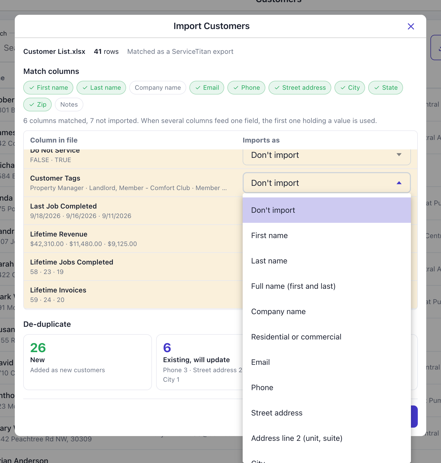 Review screen with the dropdown open on the Customer Tags column, listing Don't import, First name, Last name, Full name, Company name and the other fields