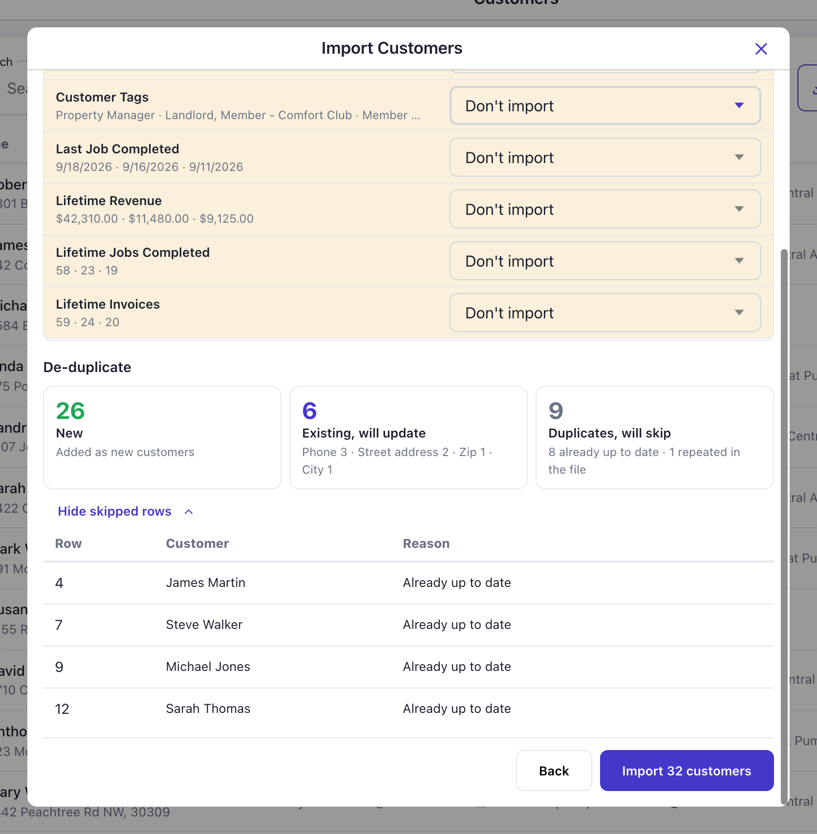 De-duplicate section: 26 new, 6 existing will update (Phone 3, Street address 2, Zip 1, City 1), 9 duplicates will skip, with the skipped rows listed by row number and reason