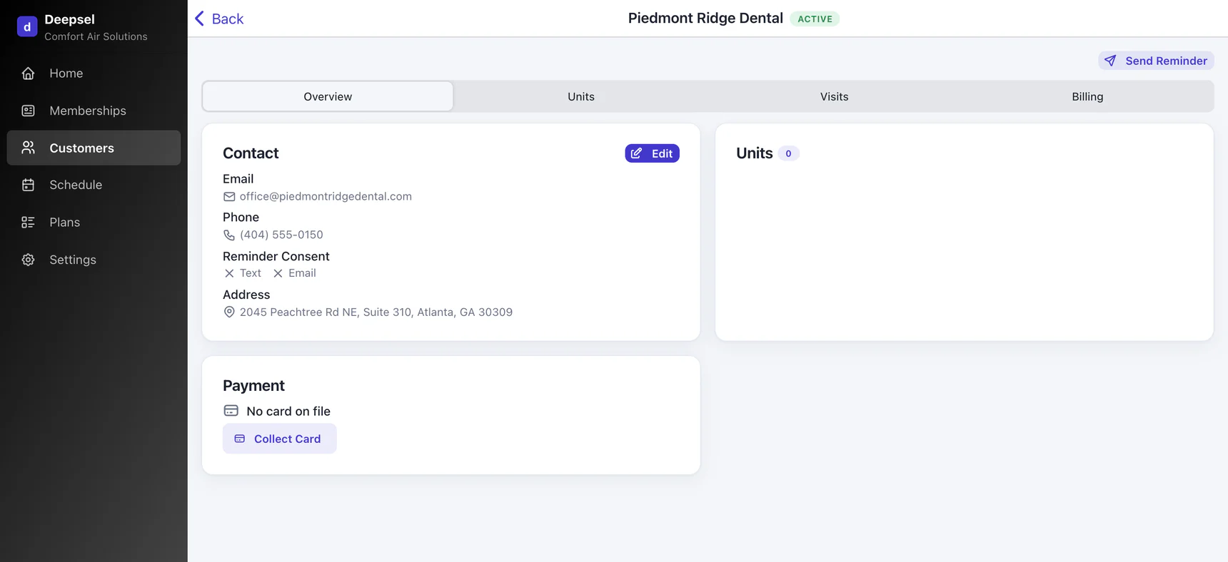 Customer detail for Piedmont Ridge Dental: email, phone (404) 555-0150, reminder consent off, address 2045 Peachtree Rd NE, Suite 310, Atlanta, GA 30309, no units, no card on file