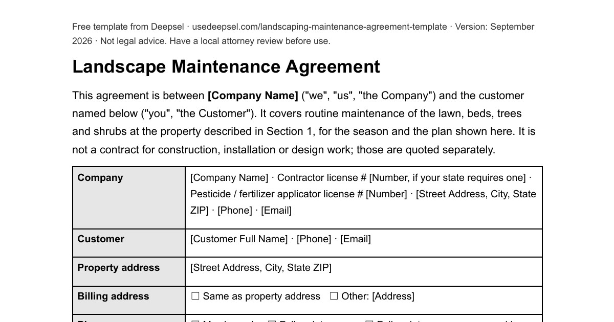First page of the free landscaping maintenance agreement template: parties table with plan, season, price and billing choice