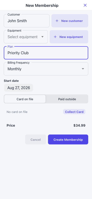 New membership modal showing customer, equipment, plan, billing and start date fields