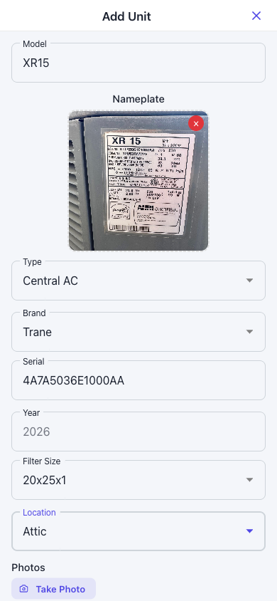 Add unit modal with model, nameplate capture, type, brand, serial and filter size fields