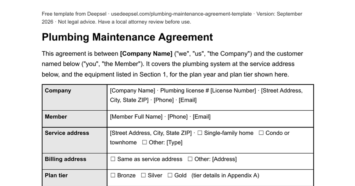 First page of the free plumbing maintenance agreement template: parties table with plan tier, plan year, price per home and billing choice, then the water heater schedule with serial, install year and anode date