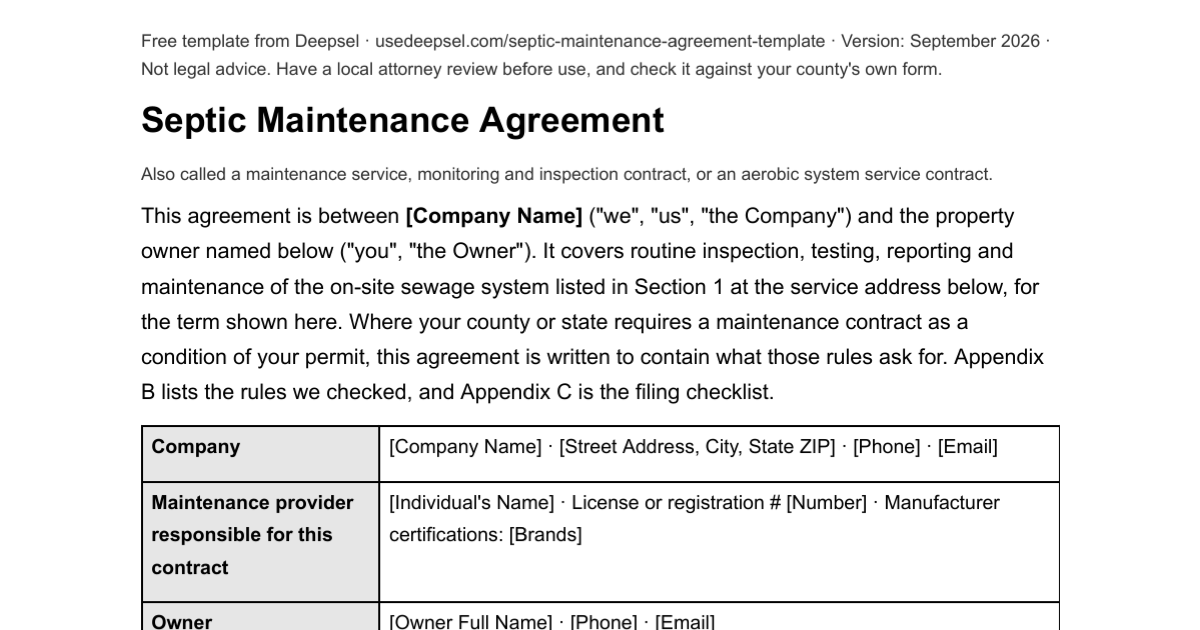 First page of the free septic maintenance agreement template: parties table with the named licensed maintenance provider, permitting authority and permit number, plan, term, price and billing choice